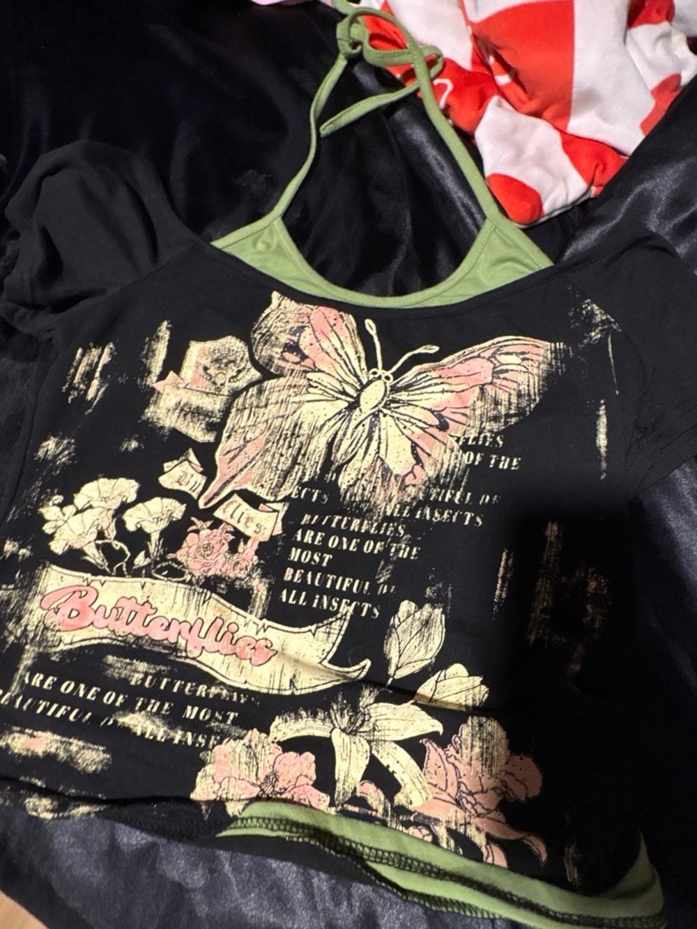 SHEIN Black Crop Tank Top with Pink & Green Butterfly Graphic